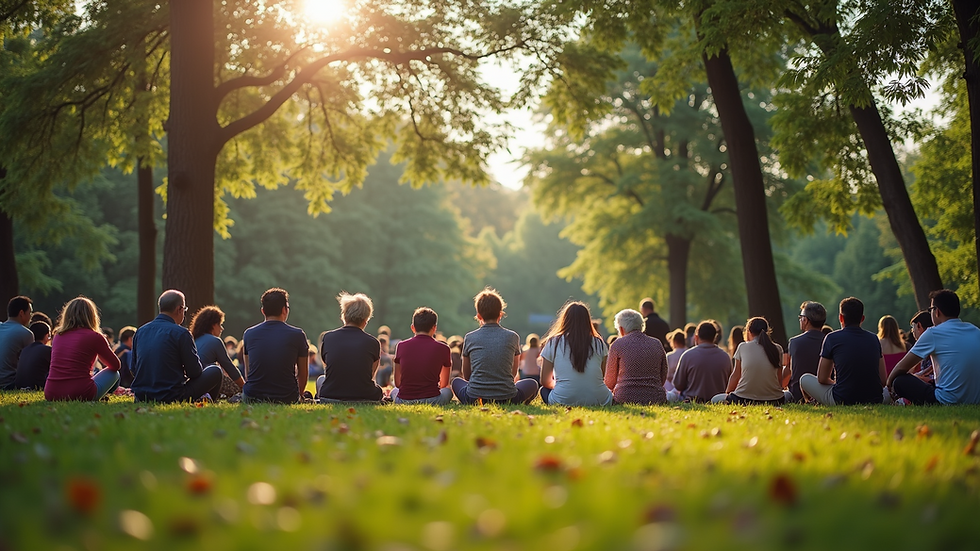 Wide angle view of a community gathering in a park