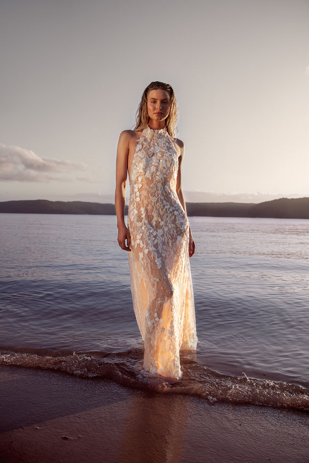 Aston pearls, aston wedding dress, gown, lace, Ivy, low back, train, halter, wedding