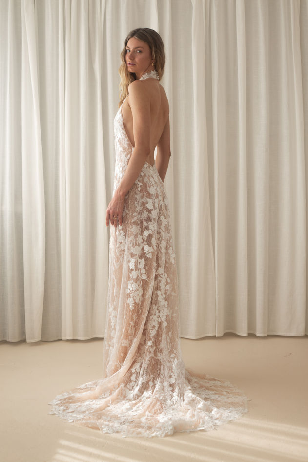 Aston pearls, aston wedding dress, gown, lace, Ivy, low back, train, halter, wedding