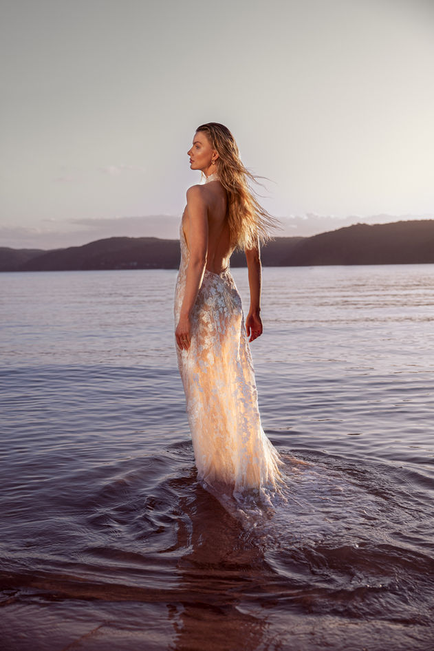 Aston pearls, aston wedding dress, gown, lace, Ivy, low back, train, halter, wedding