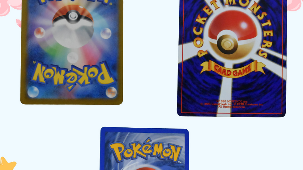 Three Pokémon card backs on a pale background with stars and hearts, labeled Real at the top.