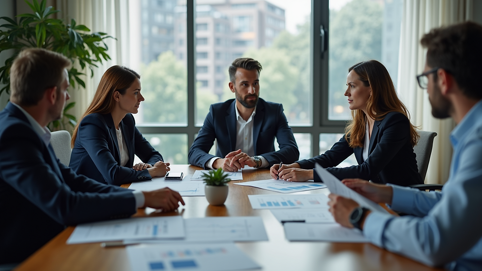 Wide angle view of a team of financial professionals discussing strategies
