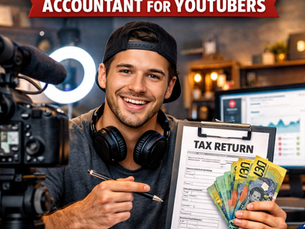 Australian YouTuber holding tax return form and cash in home studio with camera setup, promoting YouTube tax services for content creators