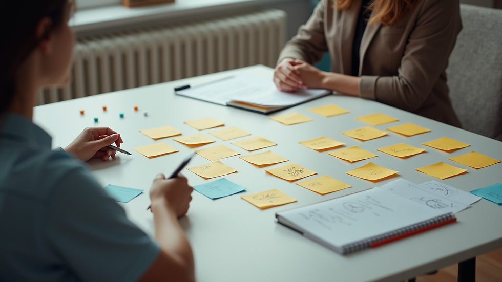 High angle view of a brainstorming session with sticky notes on a table