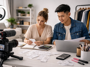 Lifestyle content creators reviewing receipts and expenses at a home office desk with camera and filming setup