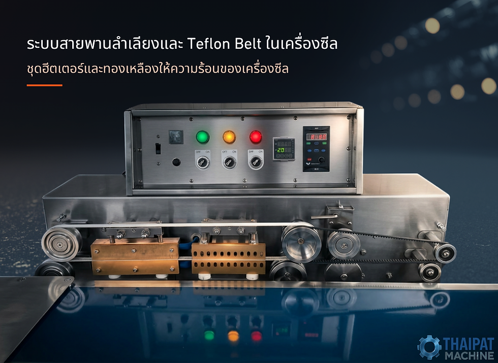 ระบบสายพานลำเลียงและ Teflon Belt ในเครื่องซีล และ
ชุดฮีตเตอร์และทองเหลืองให้ความร้อนของเครื่องซีล