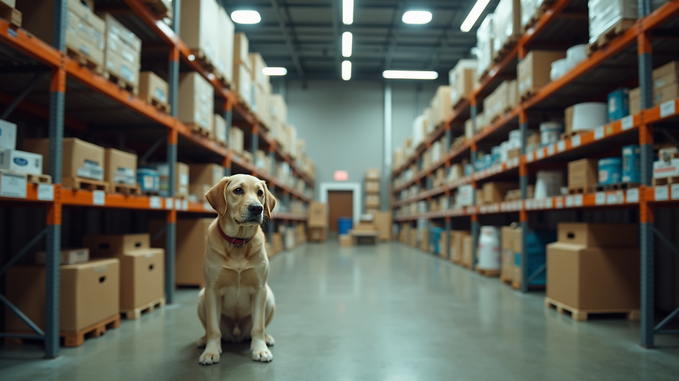 Eye-level view of a large animal shelter filled with various pet supplies