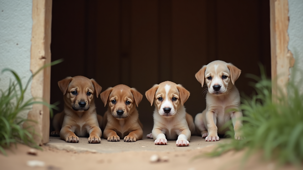 Eye-level view of a cozy shelter corner with puppies