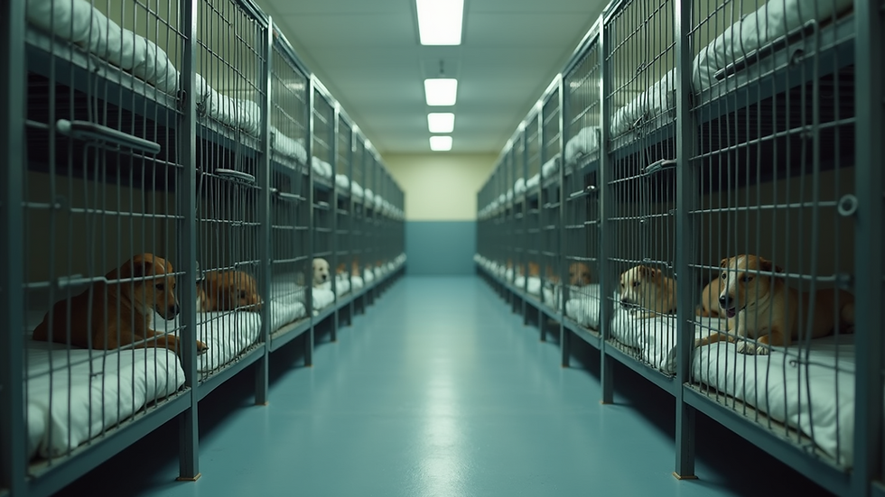 High angle view of a dog shelter kennel with empty beds