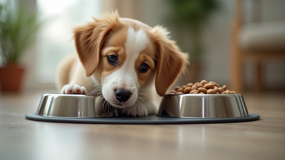 Eye-level view of food and water bowls for puppies