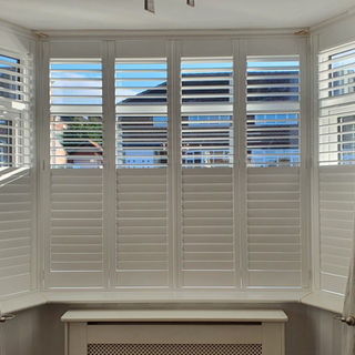 Full Height Plantation Shutters 
Pure white 
76mm louvres
Silent tilt operation
Split tilt

Fitted in Scarcroft