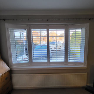 Full Height Plantation Shutters 
Pure white 
76mm louvres
Silent tilt operation
Split tilt

Fitted in Aberford