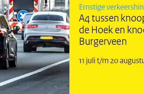 Ernstige verkeershinder A4 tussen knooppunt de Hoek en knooppunt Burgerveen