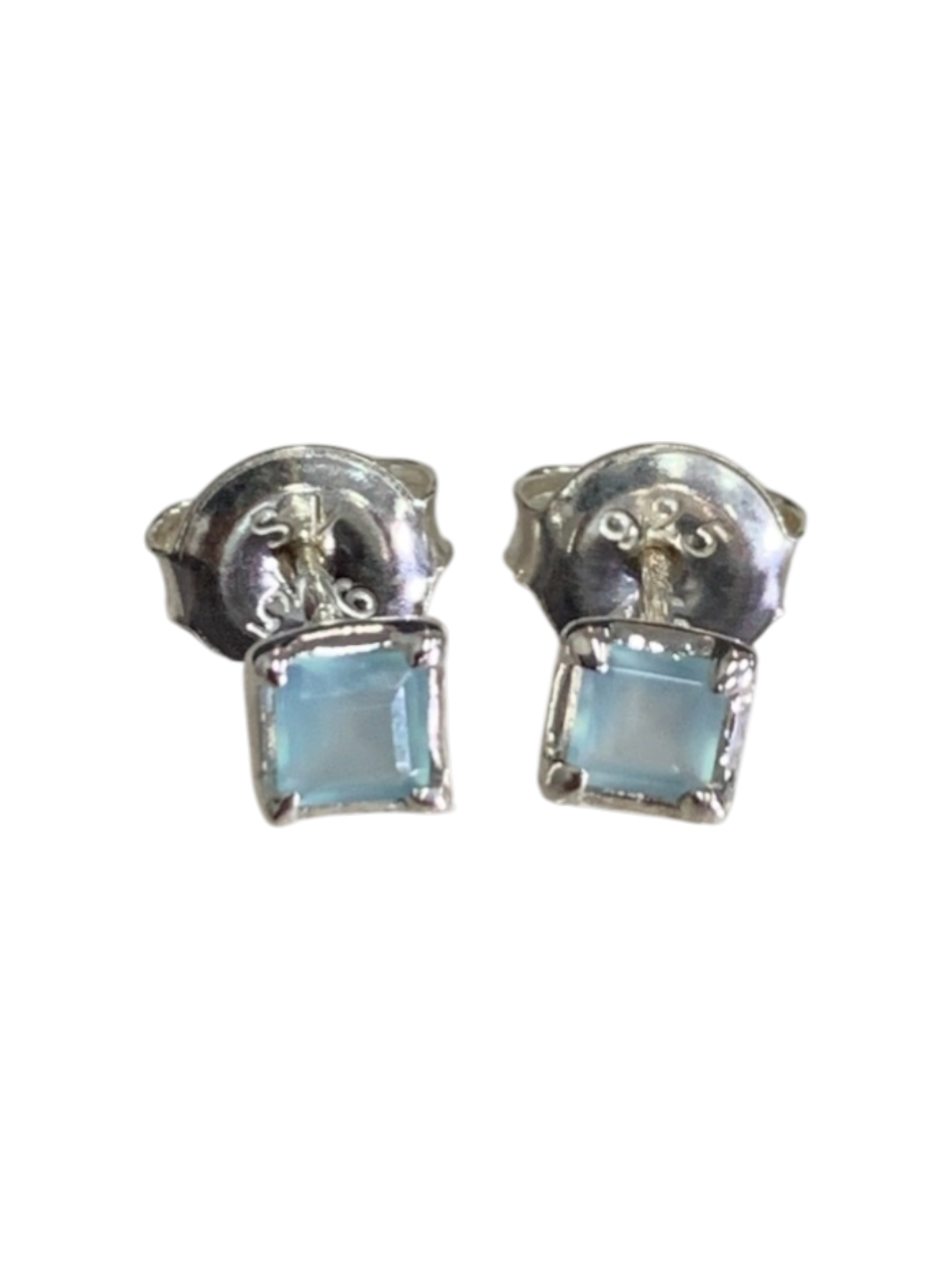 Blue Chalcedony Square Prong Stud Earrings 4.1x4.2