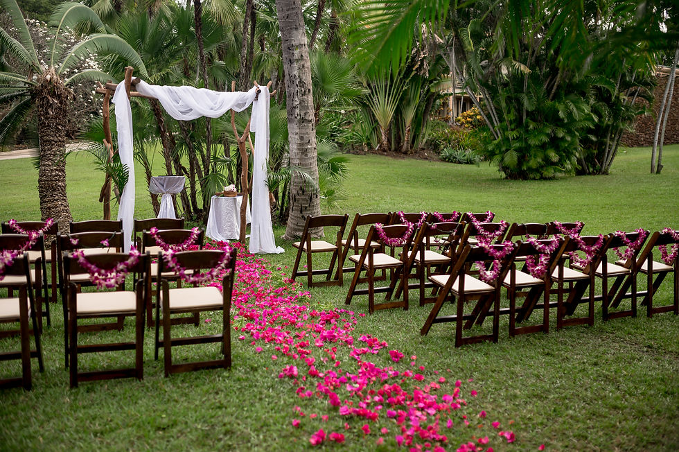 Thumbnail: Garden wedding aisle with pink petals and white arch, framed by palms and tropical greenery.