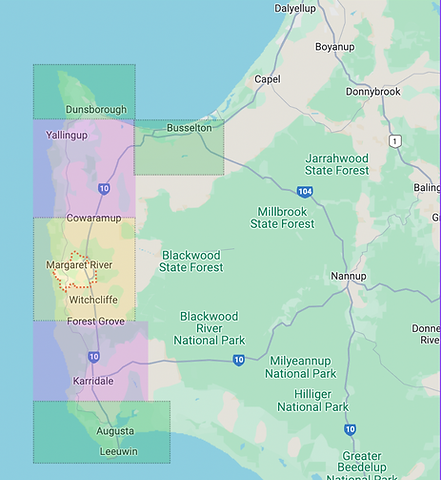 Service map of suburbs in margaret river, augusta, busselton, dunsborough.