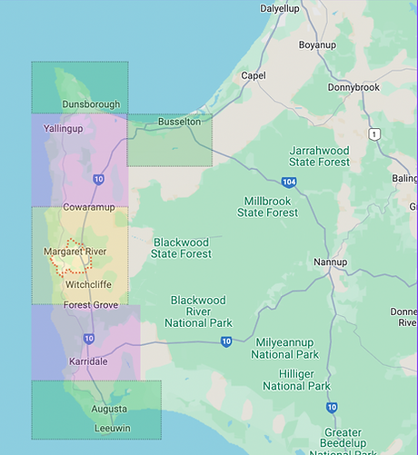 Service map of suburbs in margaret river, augusta, busselton, dunsborough.