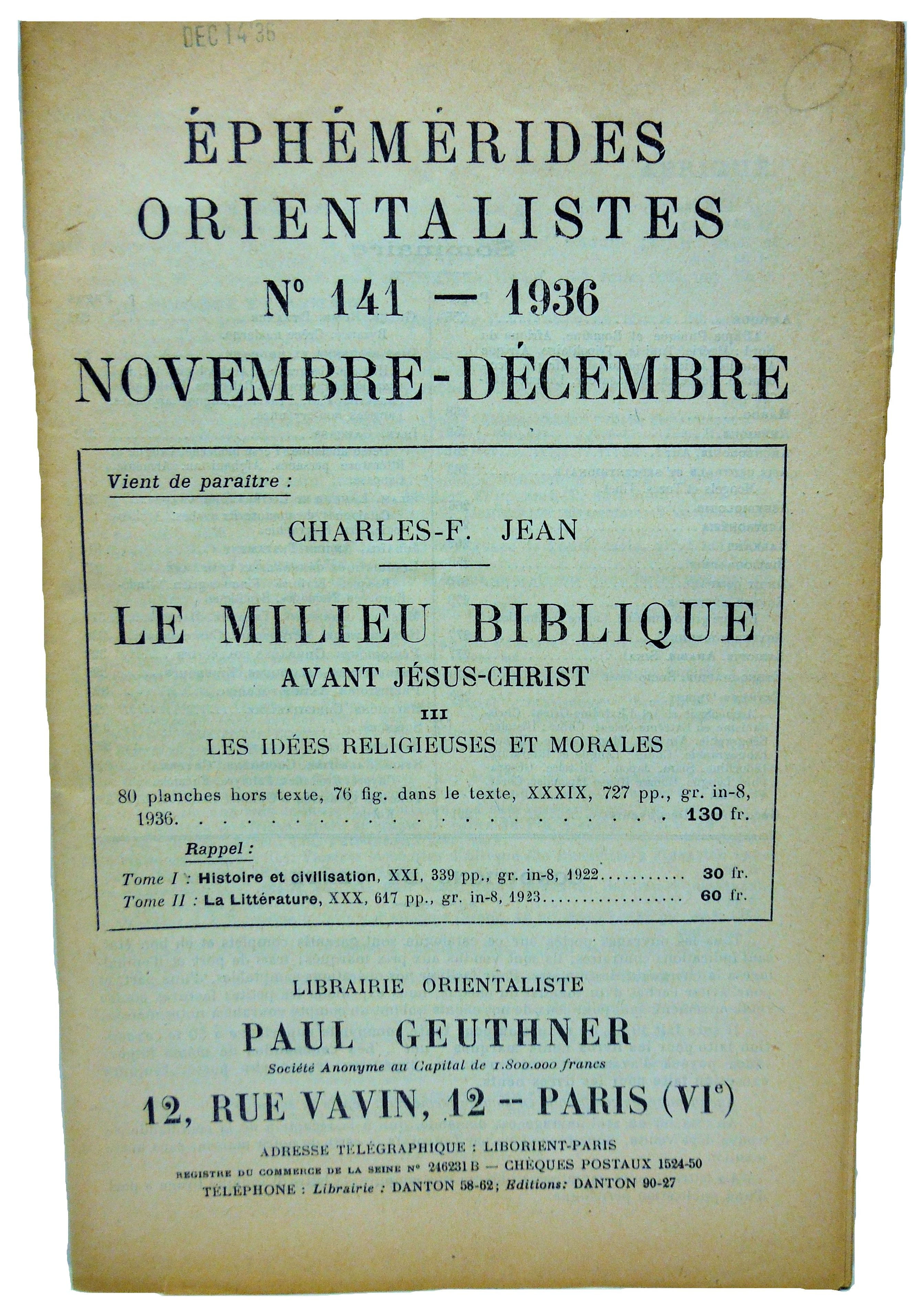 Ephemerides Orientalistes No. 141 - 1936 (French)