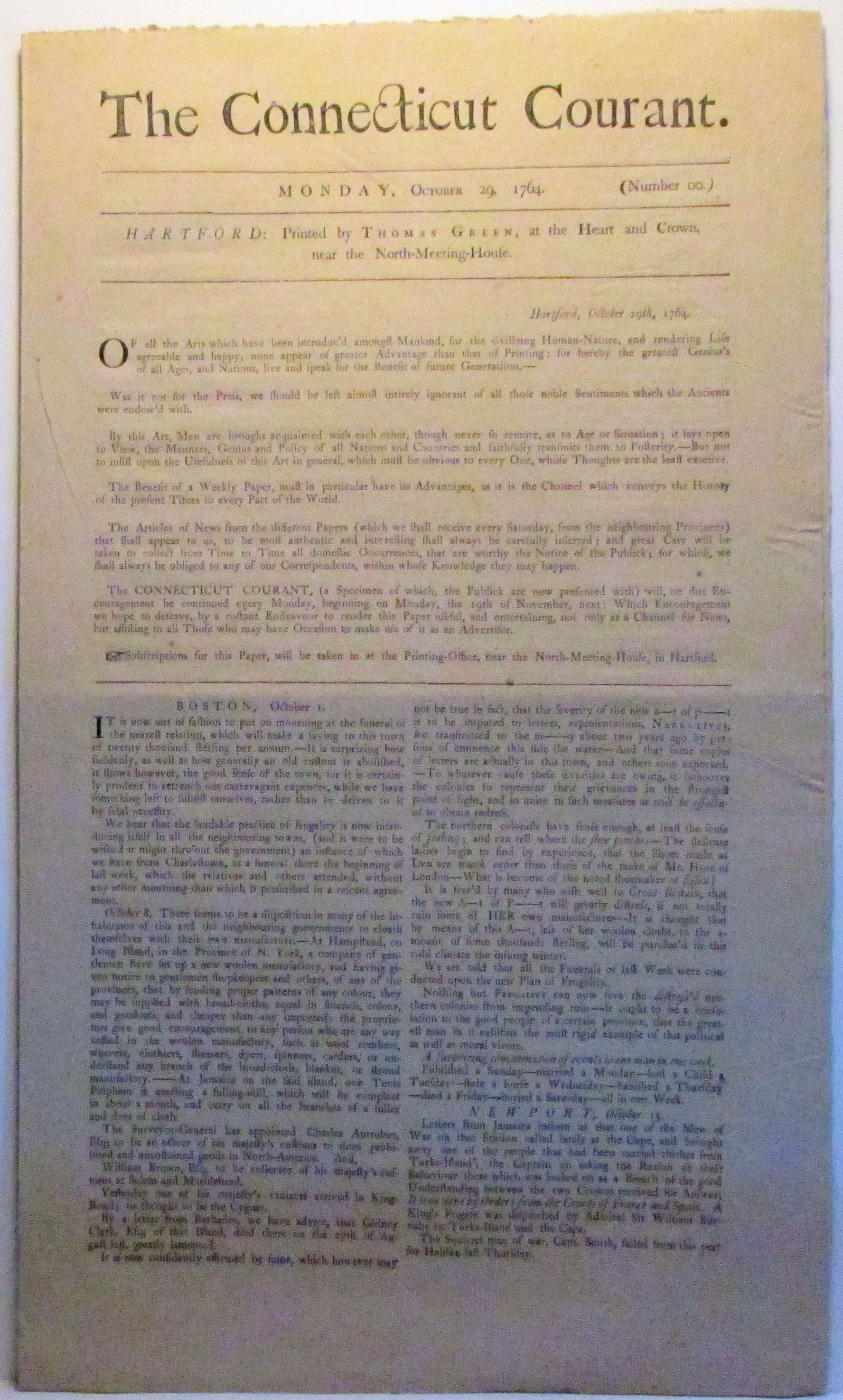 THE CONNECTICUT COURANT. (October 29, 1764) Hartford Newspaper