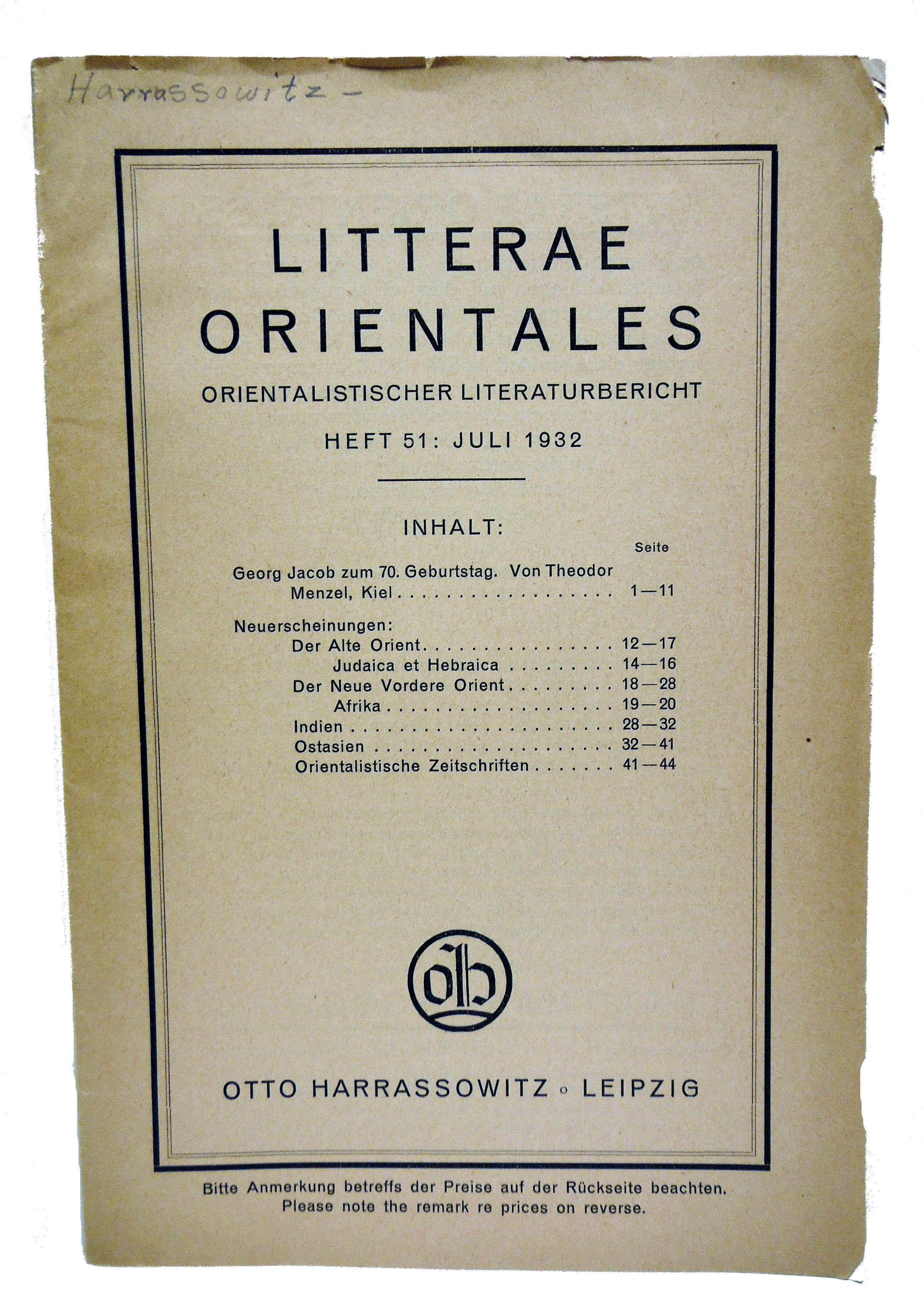Litterae Orientales Orientalistischer 1932 (German)