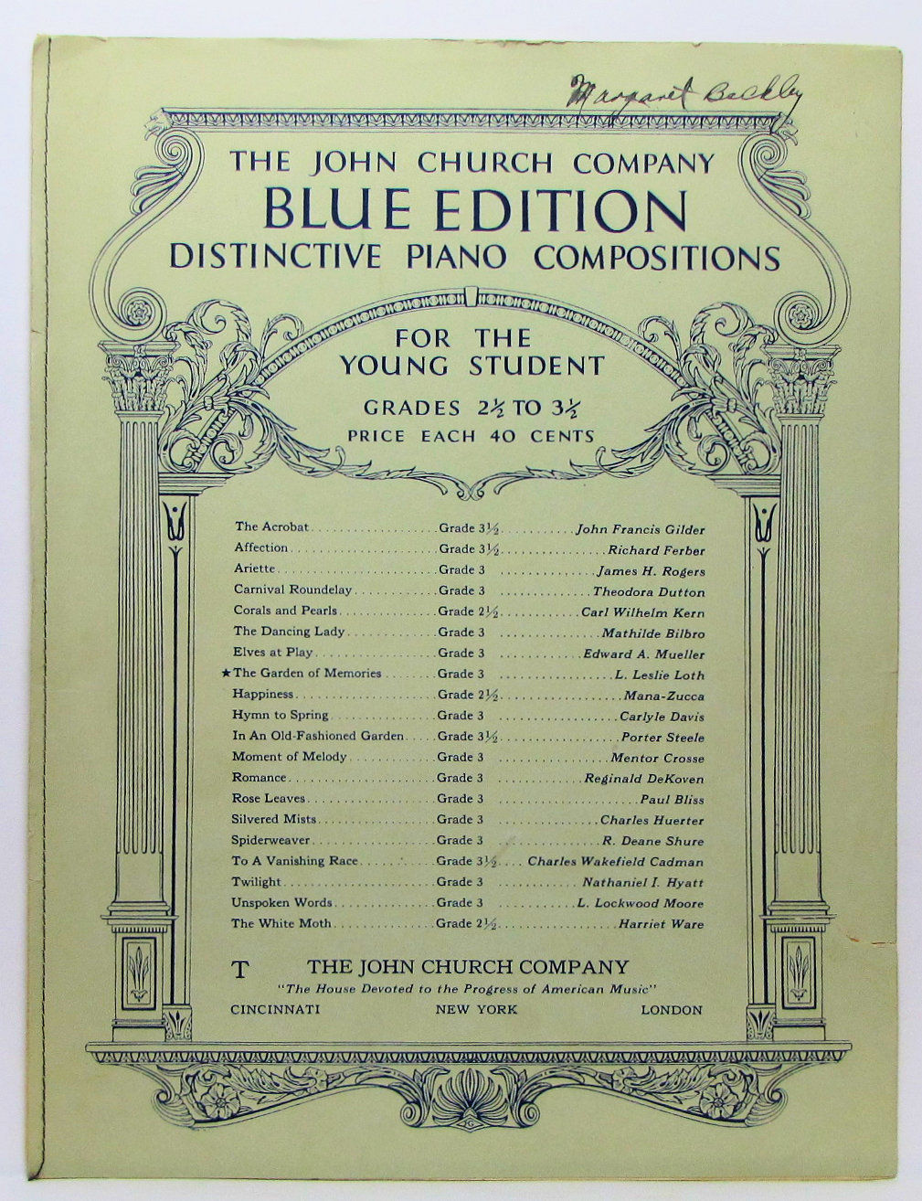 The Garden of Memories by John Church BLUE EDITION Piano for Young Student 1921