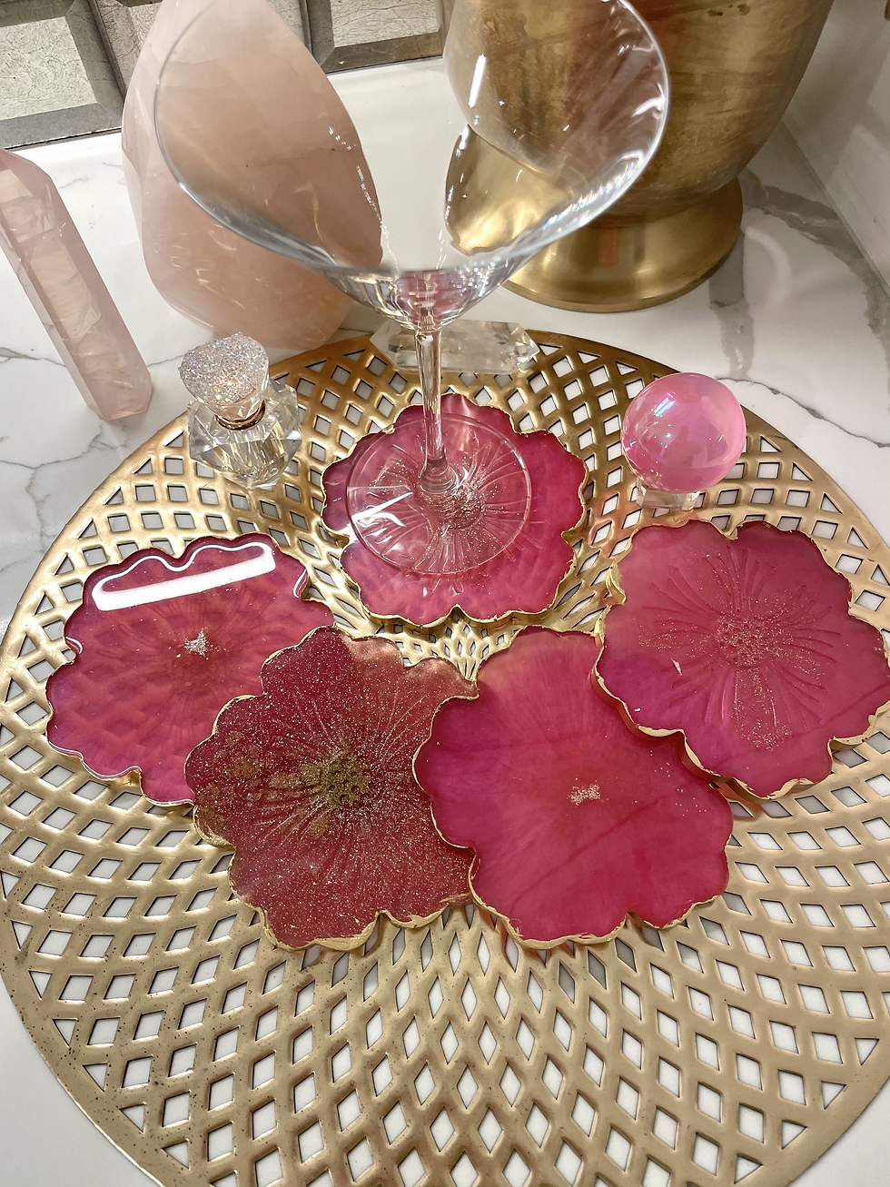 Thumbnail: Magenta Blooming Coaster Set with Rose Quartz Crystals