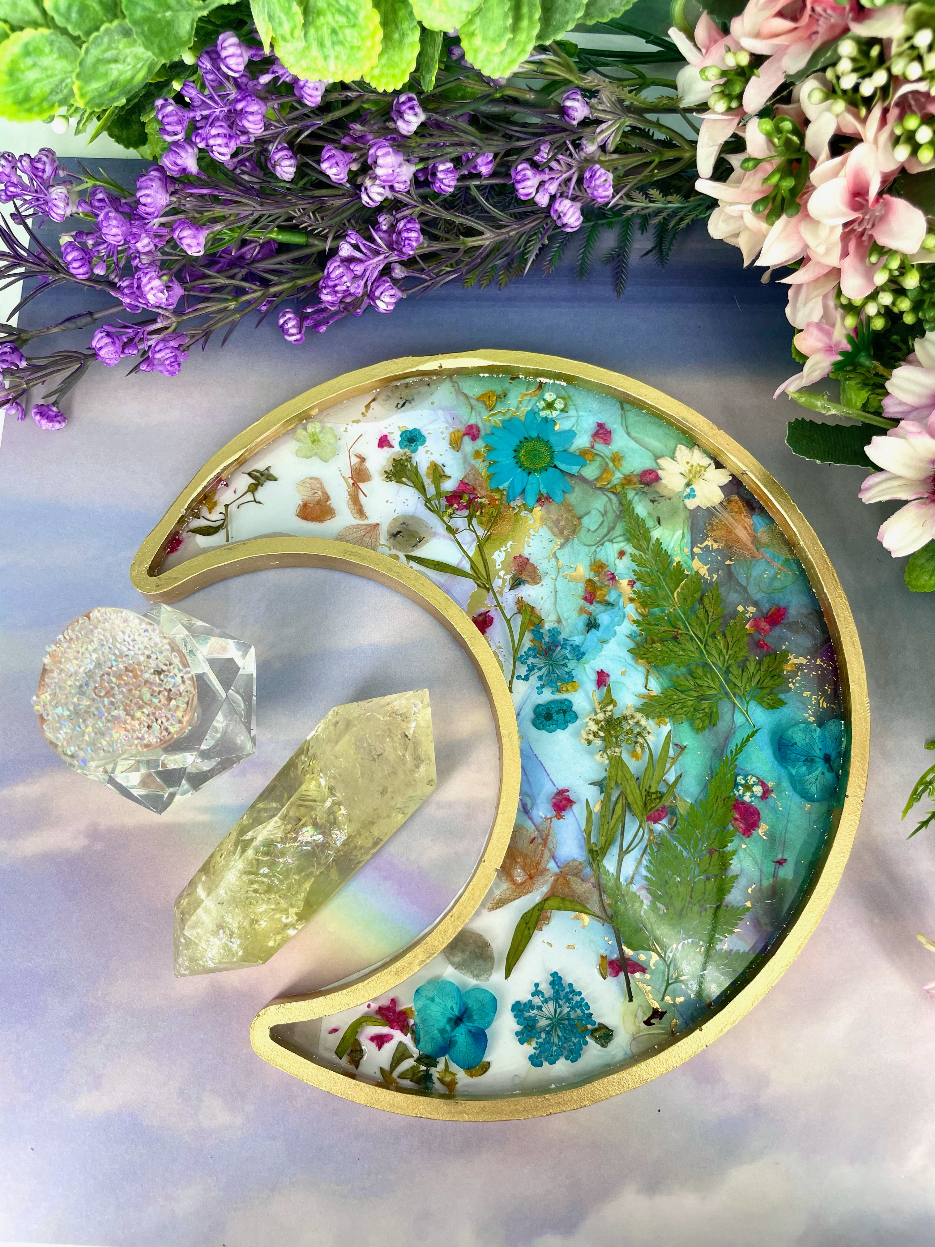 Moonstone Blue Floral Crescent Moon Dish