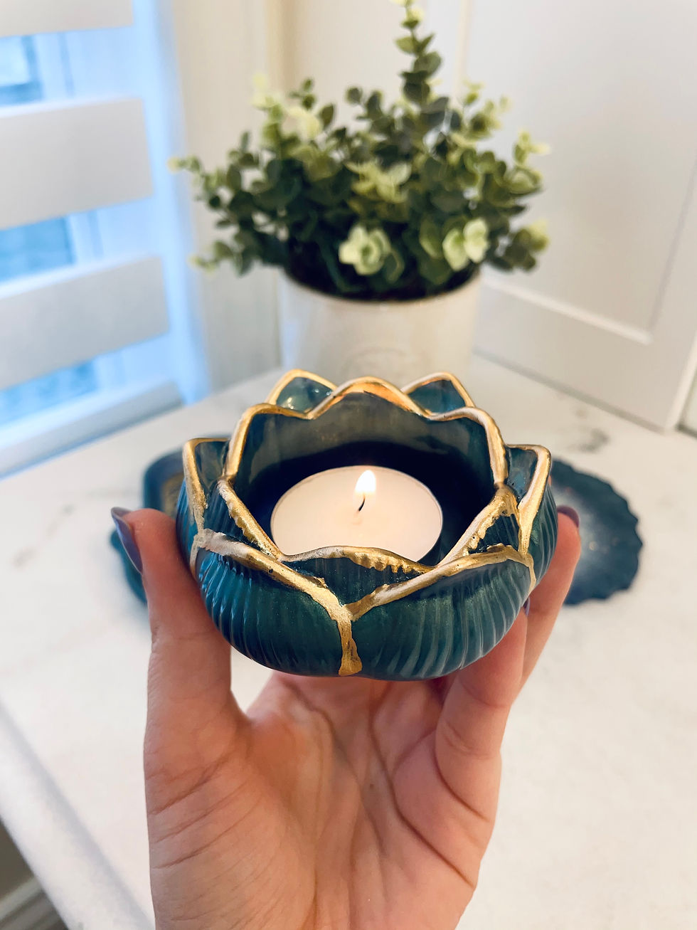 Steel Blue Lotus Flower Candle Holder