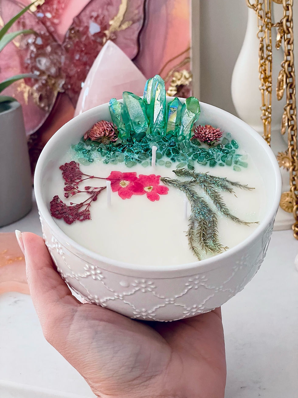 Thumbnail: Heart Chakra 3 Wick Aura Quartz Eucalyptus Crystal Candle