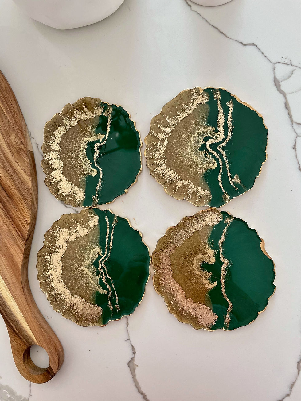 Thumbnail: Forest Green and Gold Coaster Set with Jade Crystals