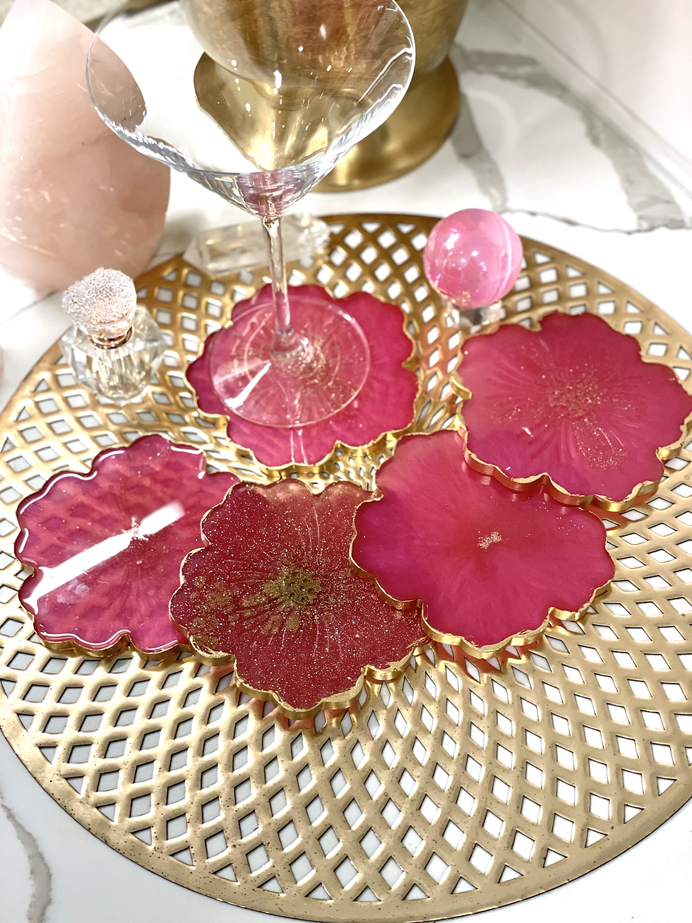 Thumbnail: Magenta Blooming Coaster Set with Rose Quartz Crystals
