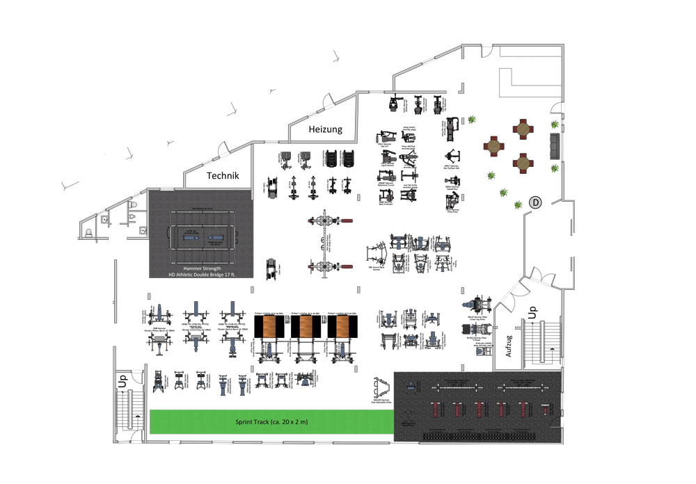 Ein technischer Lageplan eines Fitnessstudios.
