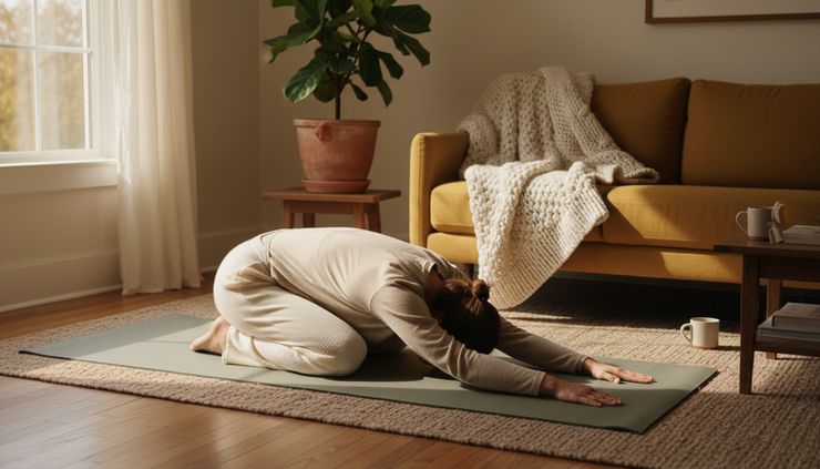 Eye-level view of a person practising child’s pose on a mat in a softly lit living room