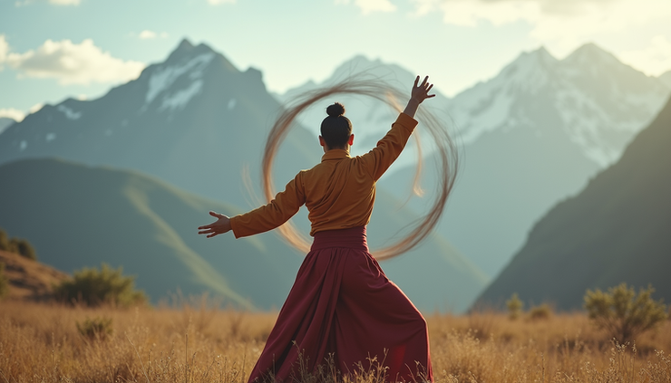 Eye-level view of a person performing the spinning rite outdoors with mountains in the background