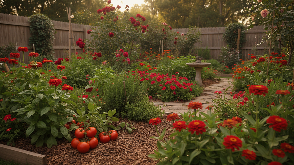 Wide angle view of a flourishing home garden with diverse plants and flowers