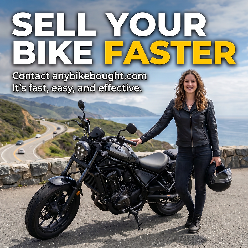 Woman in leather jacket with motorcycle by coastal road. Text: "SELL YOUR BIKE FASTER." Contact anybikebought.com for easy selling.
