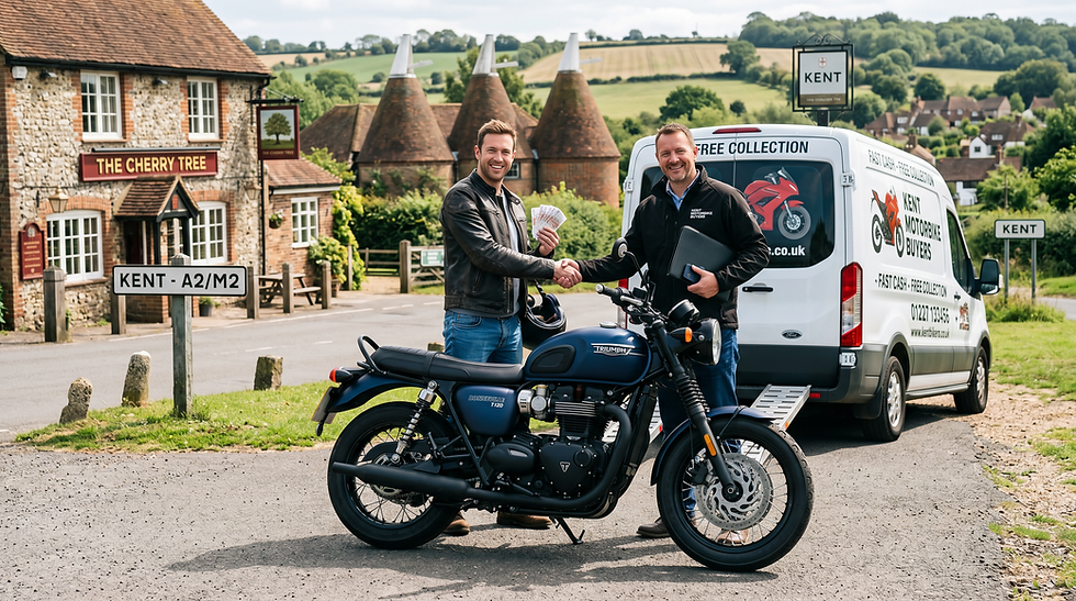 Two men shake hands beside a Triumph motorcycle and Kent Motorbike Buyers van outside The Cherry Tree in the countryside.