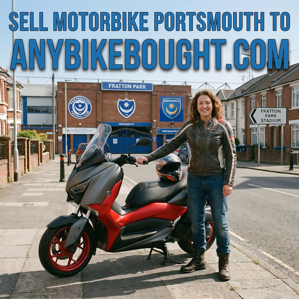 Woman smiling next to a red and black motorbike by Fratton Park, Portsmouth. Text reads: "Sell Motorbike Portsmouth to AnyBikeBought.com."