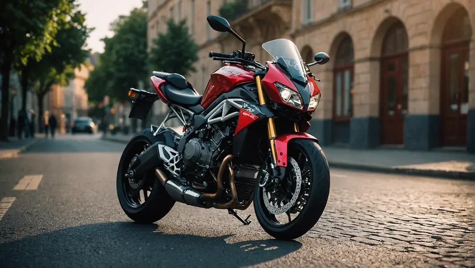 Red motorcycle parked on a cobblestone street, bordered by historic buildings and trees. Sunlight casts a warm glow, with a calm urban vibe.