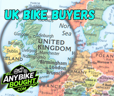 Map of the UK with a magnifying glass emphasizing it. Bold text "UK Bike Buyers" and a logo reading "AnyBikeBought.com" are present.