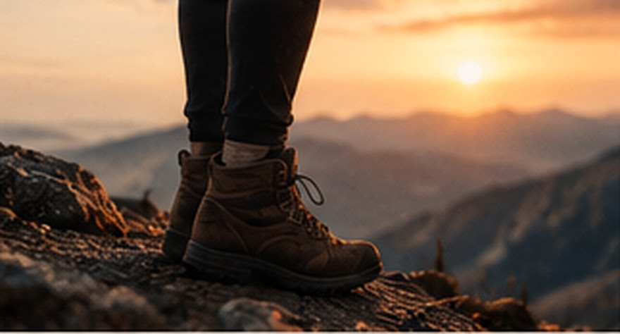 Boots overlooking a distant mountain landscape