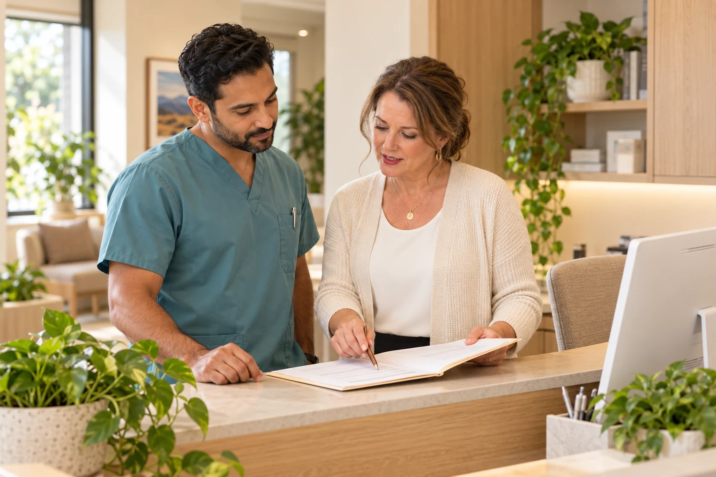 Illustrative scene of a dentist and office manager reviewing provider onboarding documents in a warm cream and pale oak office