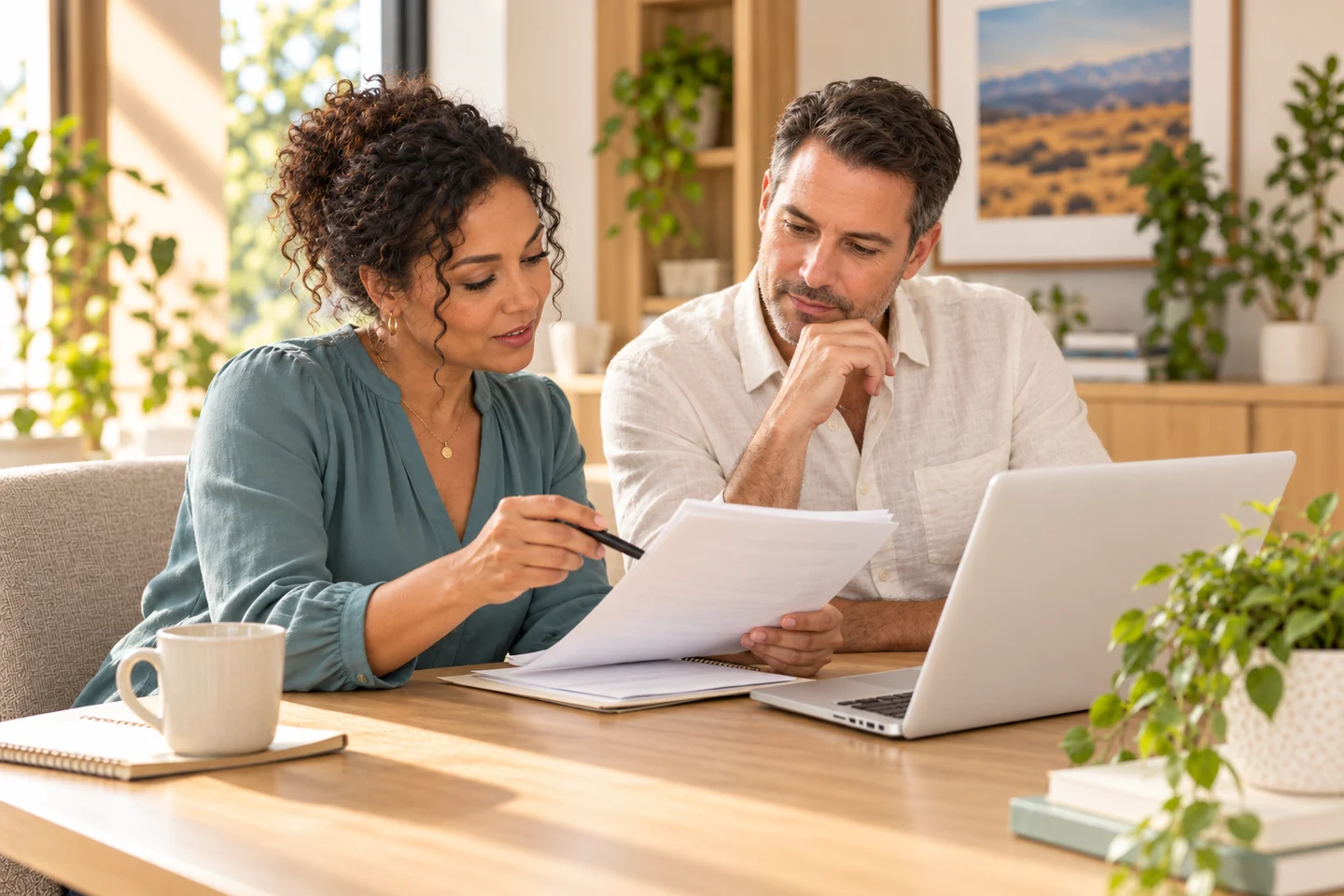 Illustrative scene of two dental office colleagues reviewing paperwork beside a light laptop in a cream and pale oak office with greenery