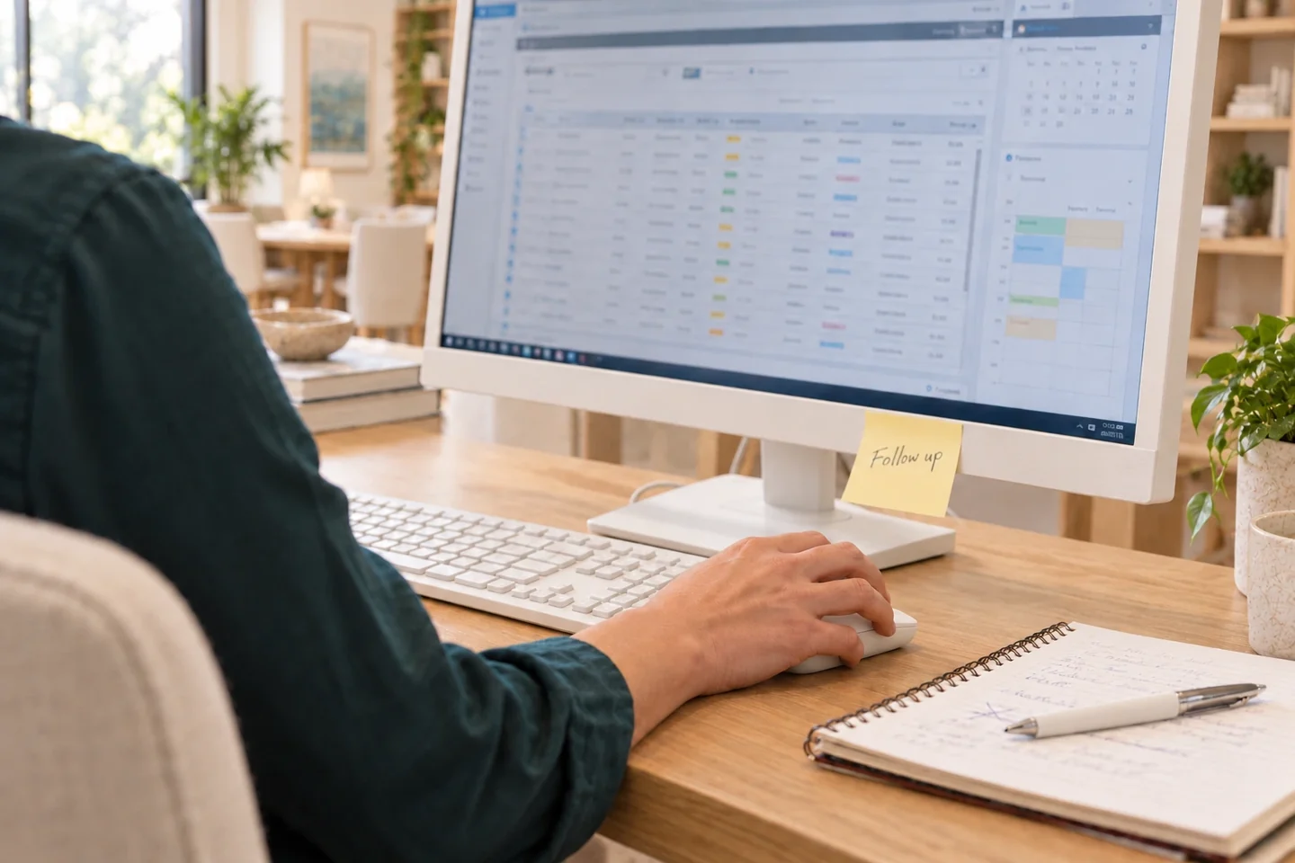 Orthodontic billing follow-up at a white workstation in Paragon’s cream and pale oak office