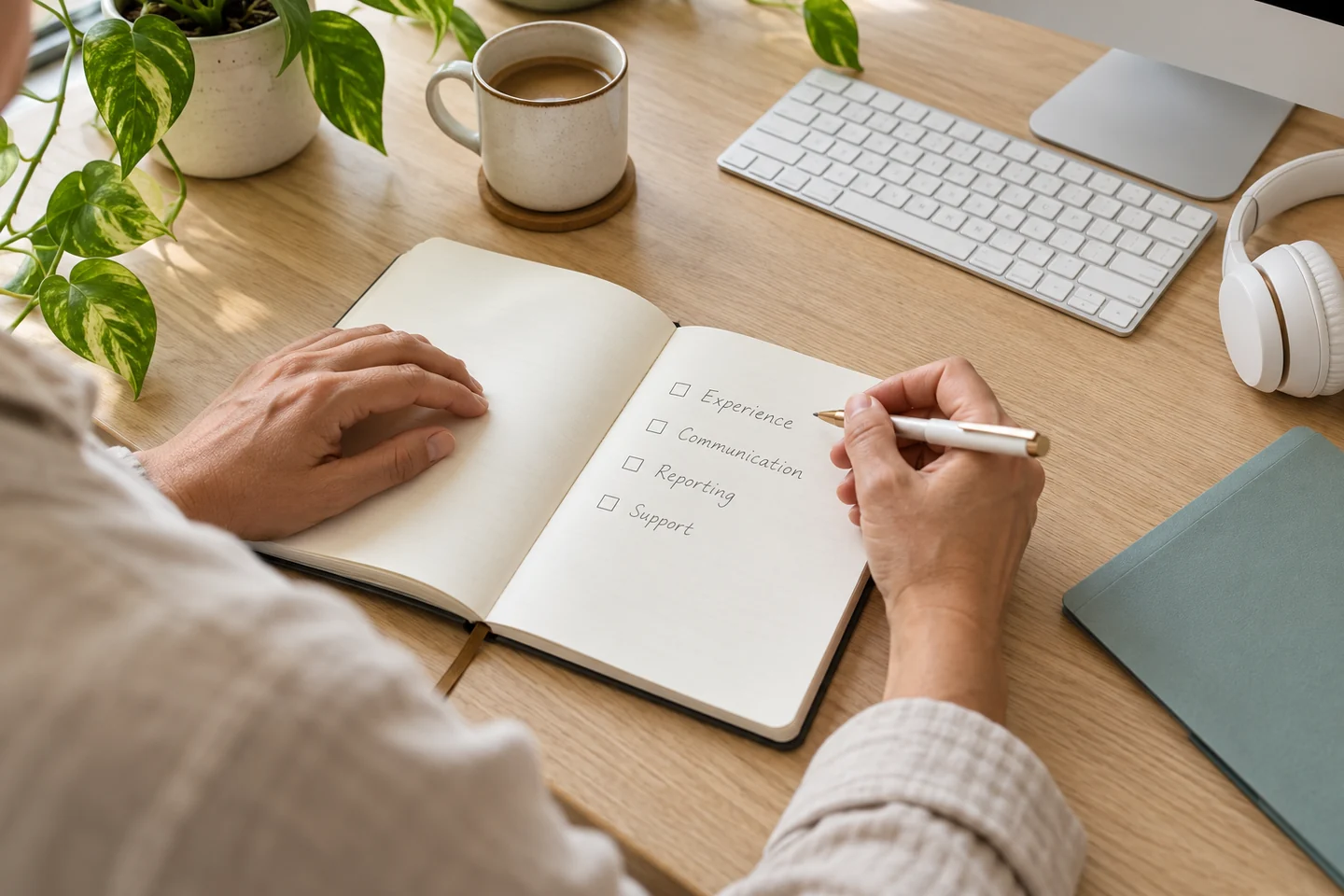 Illustrative close-up of a billing partner checklist covering experience, communication, reporting and support, with a white keyboard and headset on a pale oak desk