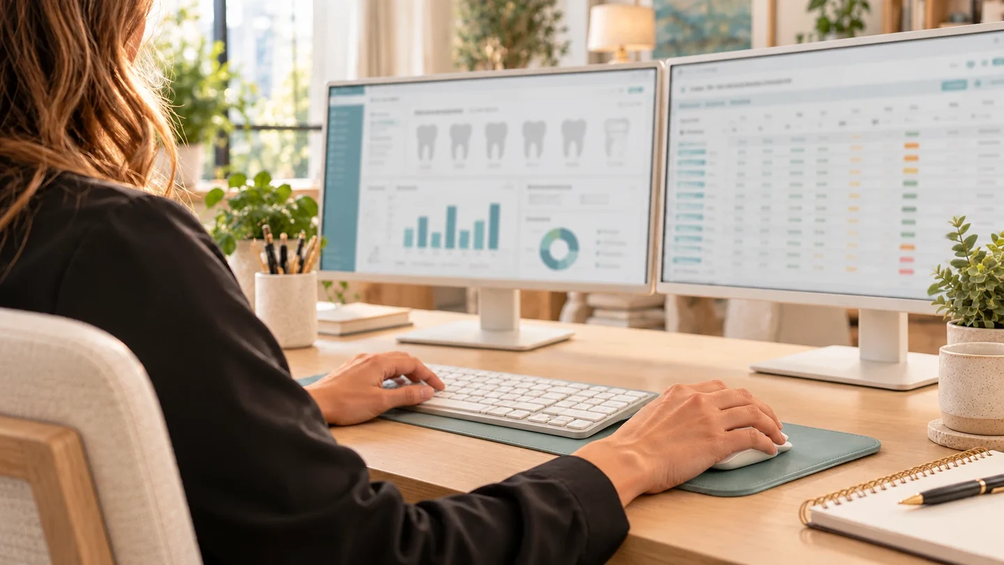 A billing professional reviewing practice information across two monitors