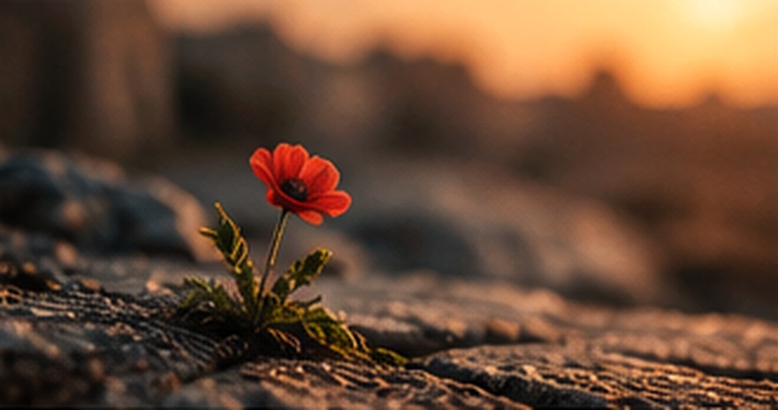 A red flower growing through rough ground