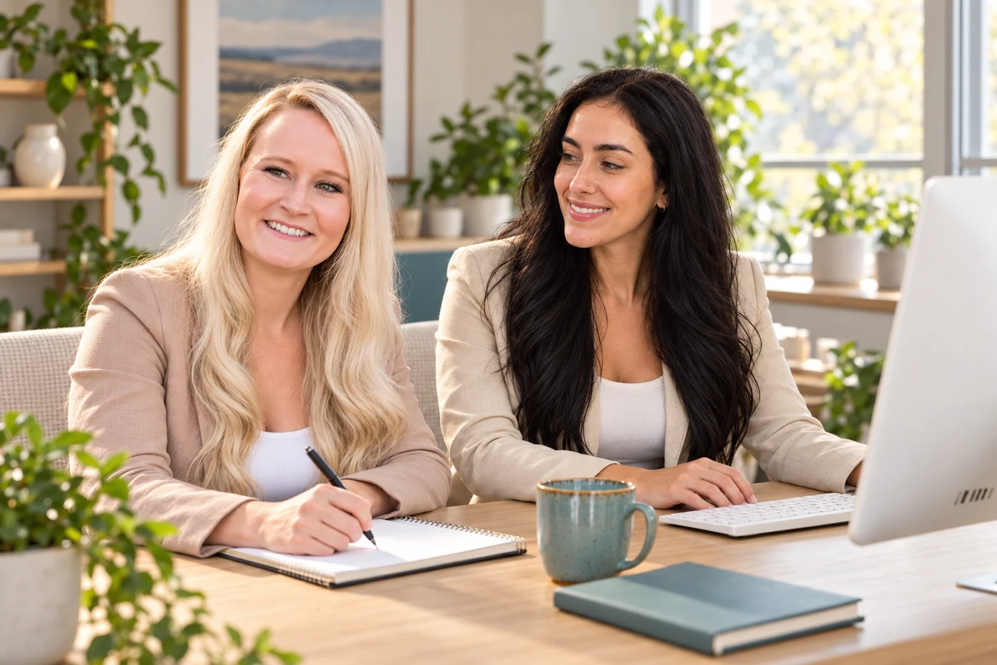 Two Paragon team members preparing for a practice consultation in a warm, light-filled office