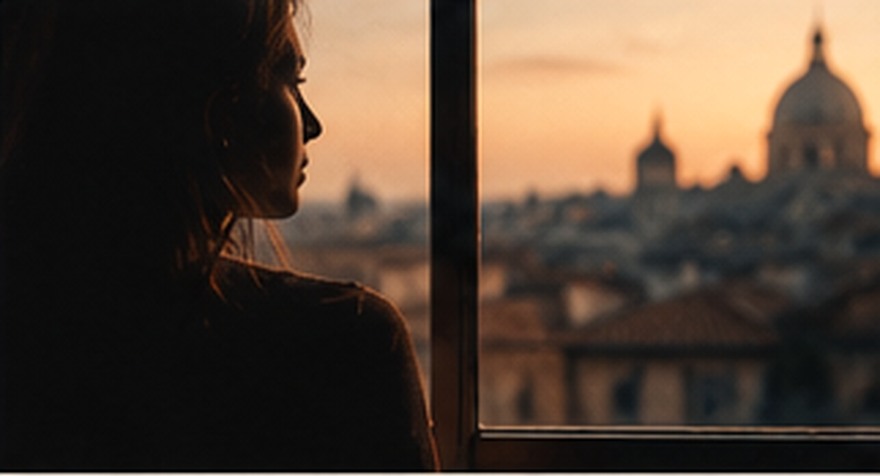 An anonymous figure looking out of a window