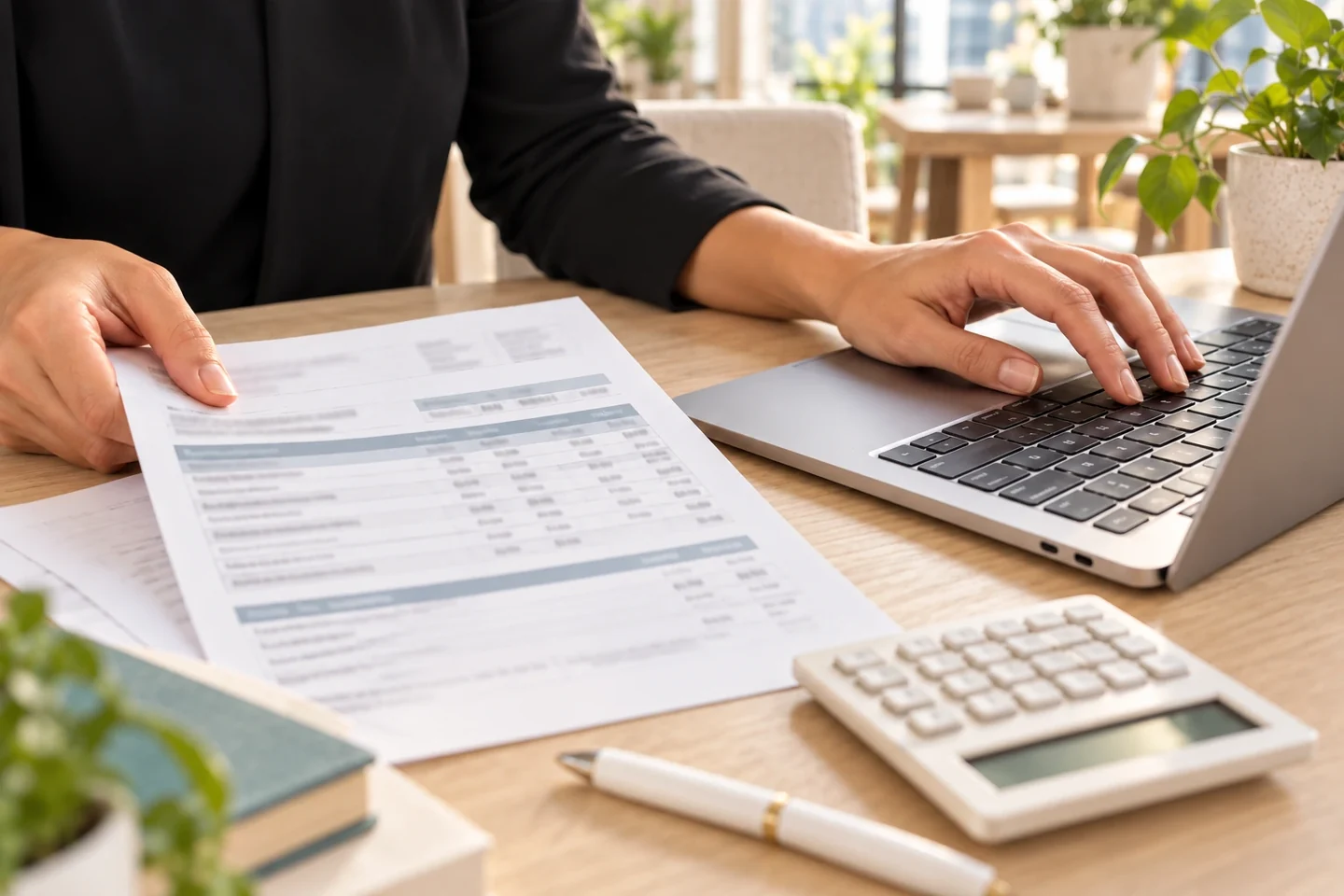 Payment posting work with a laptop, calculator, and illustrative paperwork